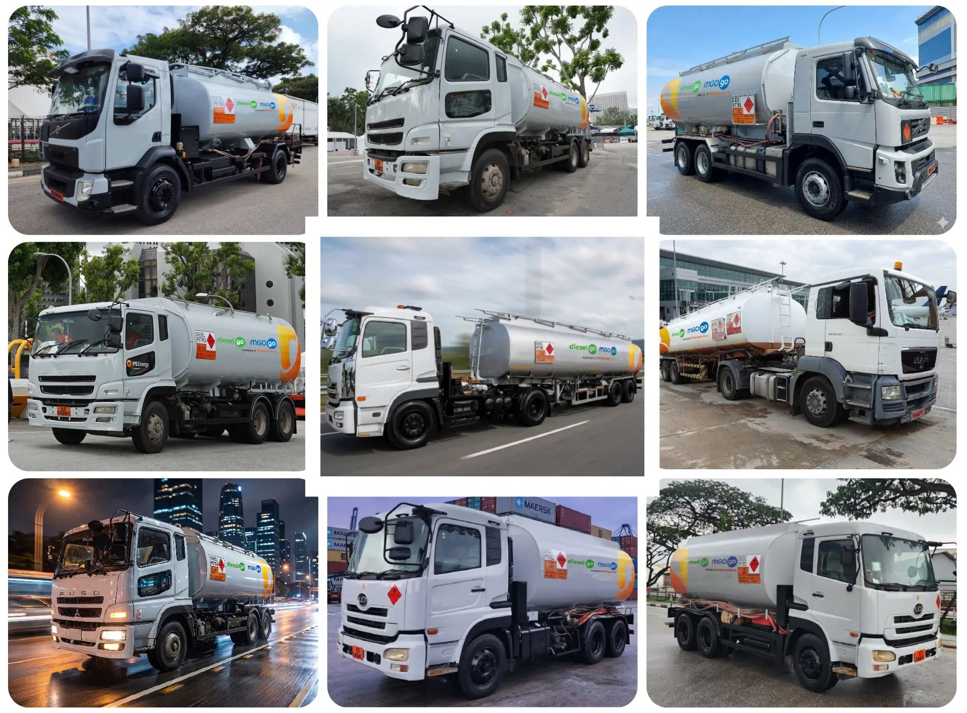 A lineup of Diesel Go fuel tankers representing one of Singapore's largest fleets for bulk diesel delivery and industrial fuel supply.